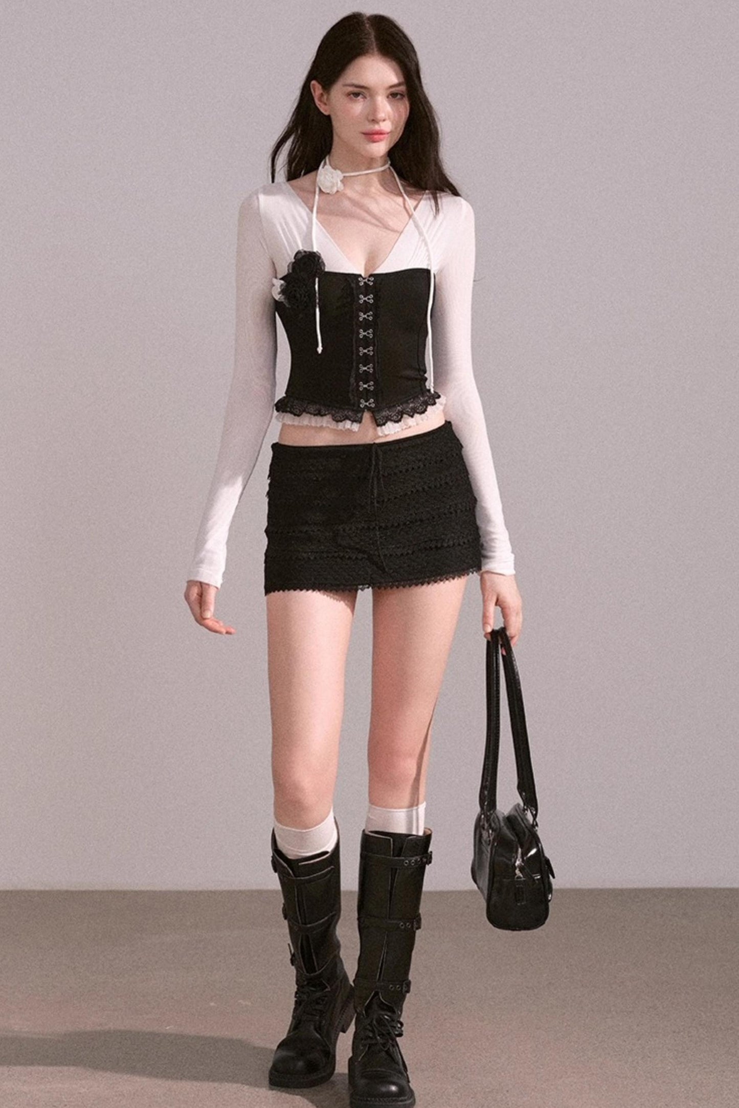 White Brown V-Neck Top