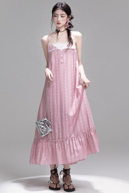 Peach Blossom Lace Suspenders Dress