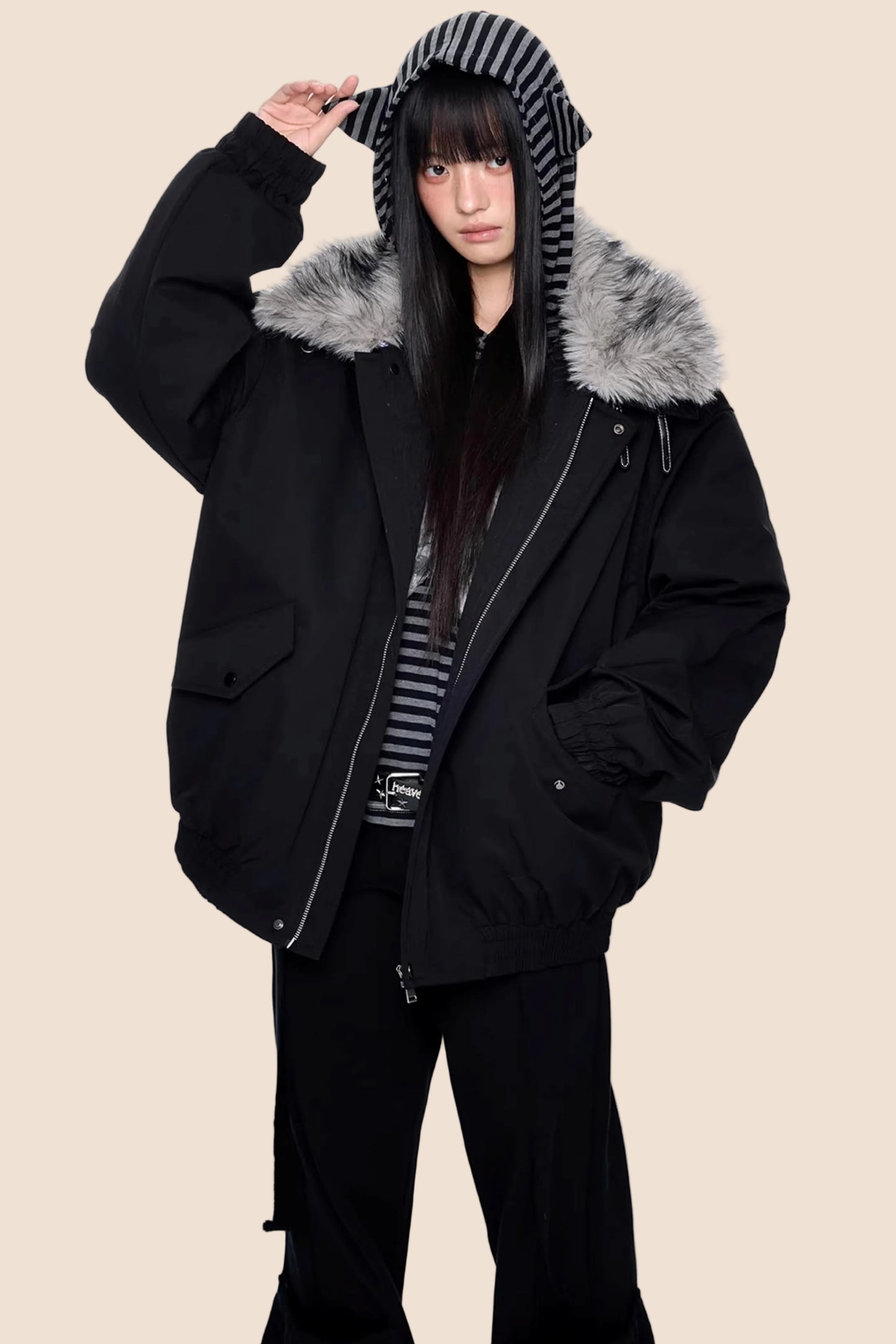 Large Fur Collar Parka Coat
