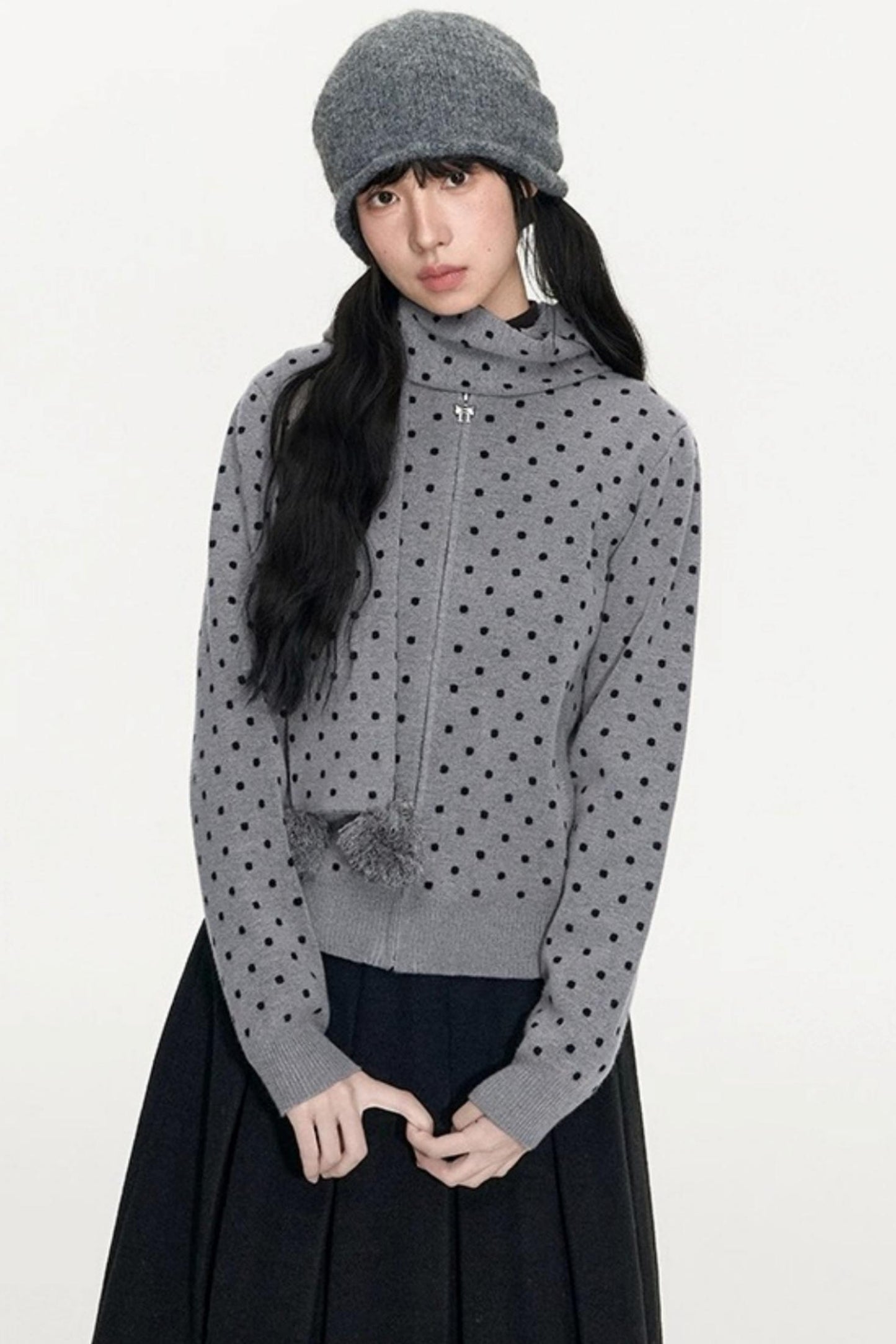 Polka Dot Hooded Knit Sweater Skirt Set-Up
