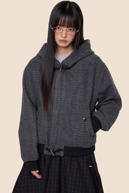Autumn Vintage Plaid Knit Hooded Jacket