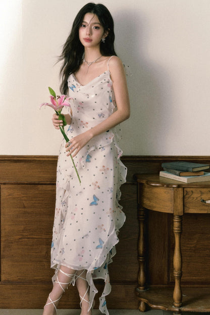 Butterfly Floral Halter Chiffon Maxi Dress