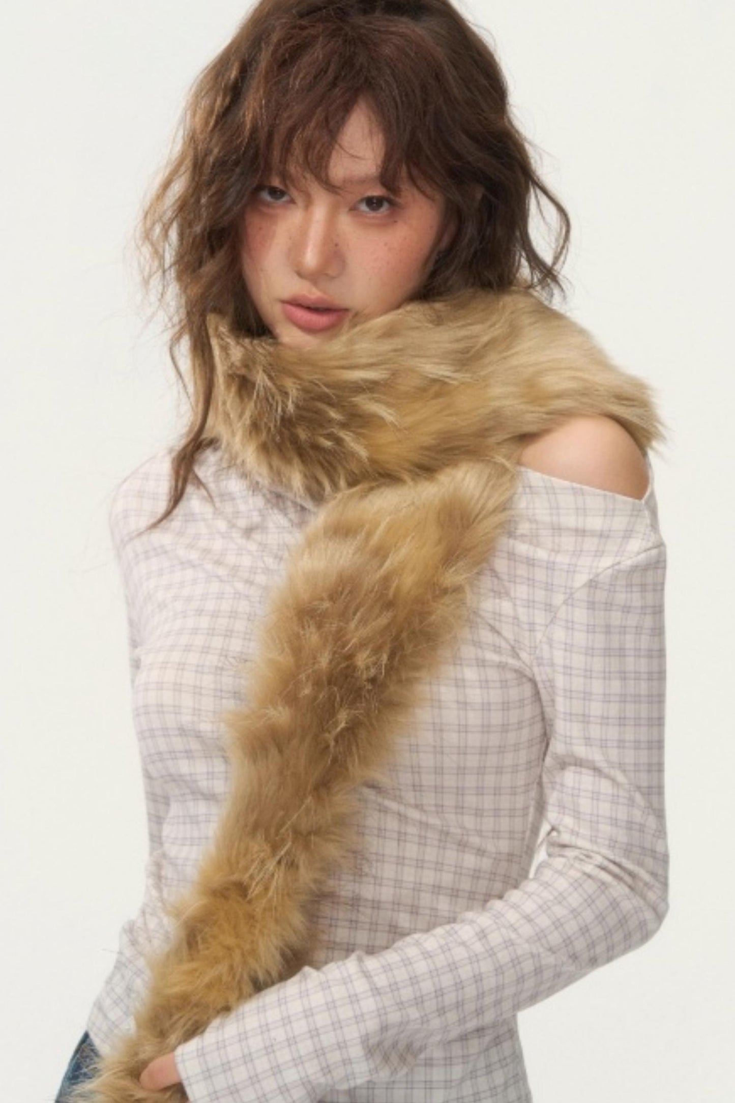 Velvet Plaid One-Shoulder Top