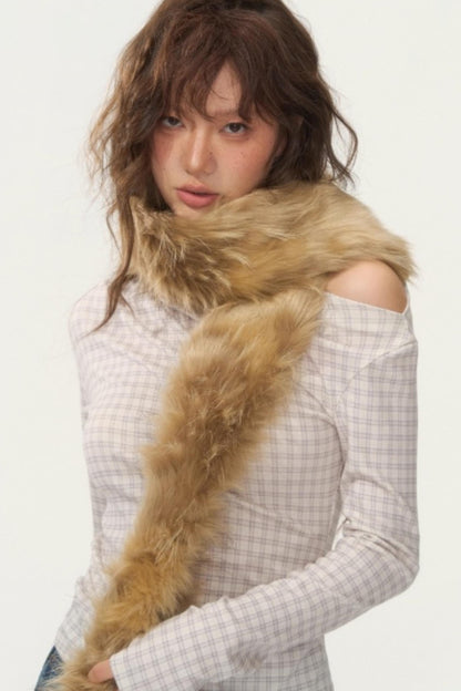 Velvet Plaid One-Shoulder Top