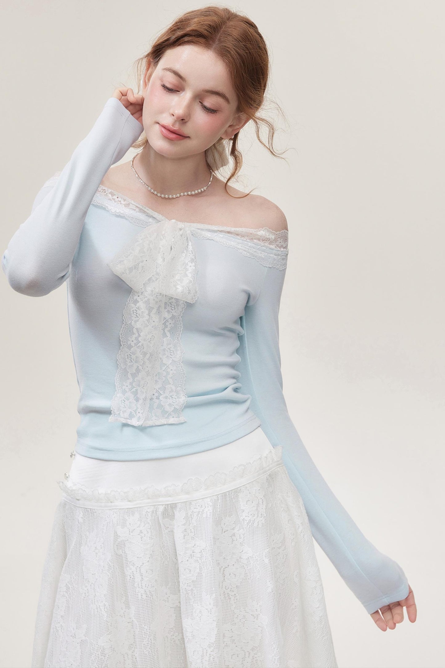 Light  Blue Lace One-Shoulder Top