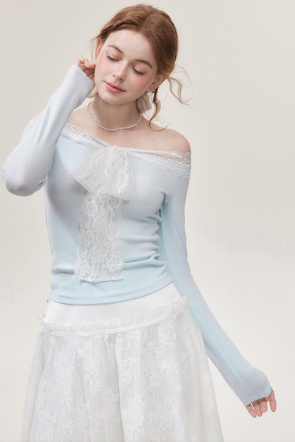 Light  Blue Lace One-Shoulder Top