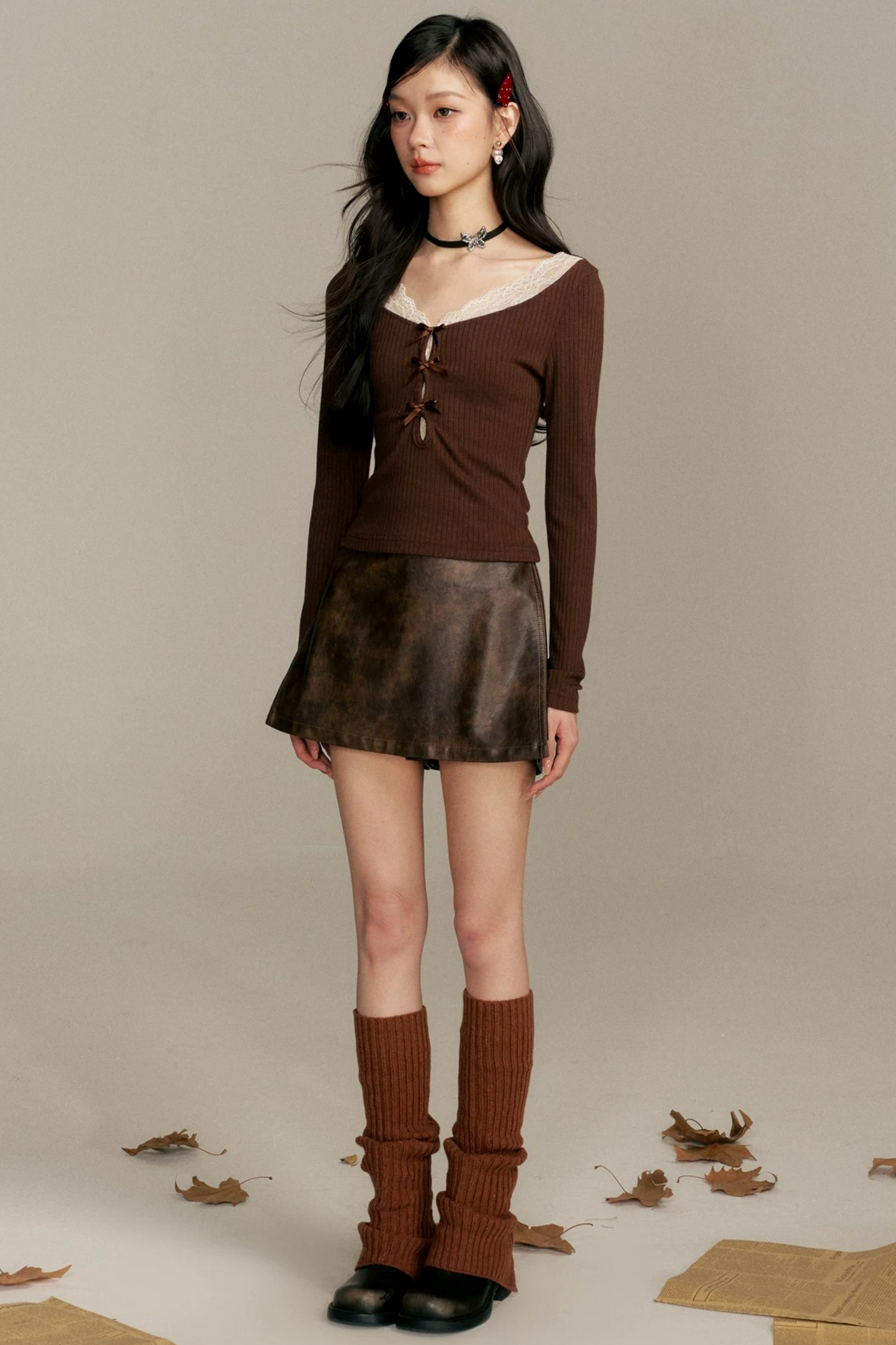 Caramel Lace Patchwork Skirt Pants Set-Up
