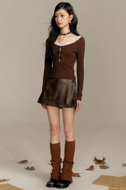 Caramel Lace Patchwork Skirt Pants Set-Up
