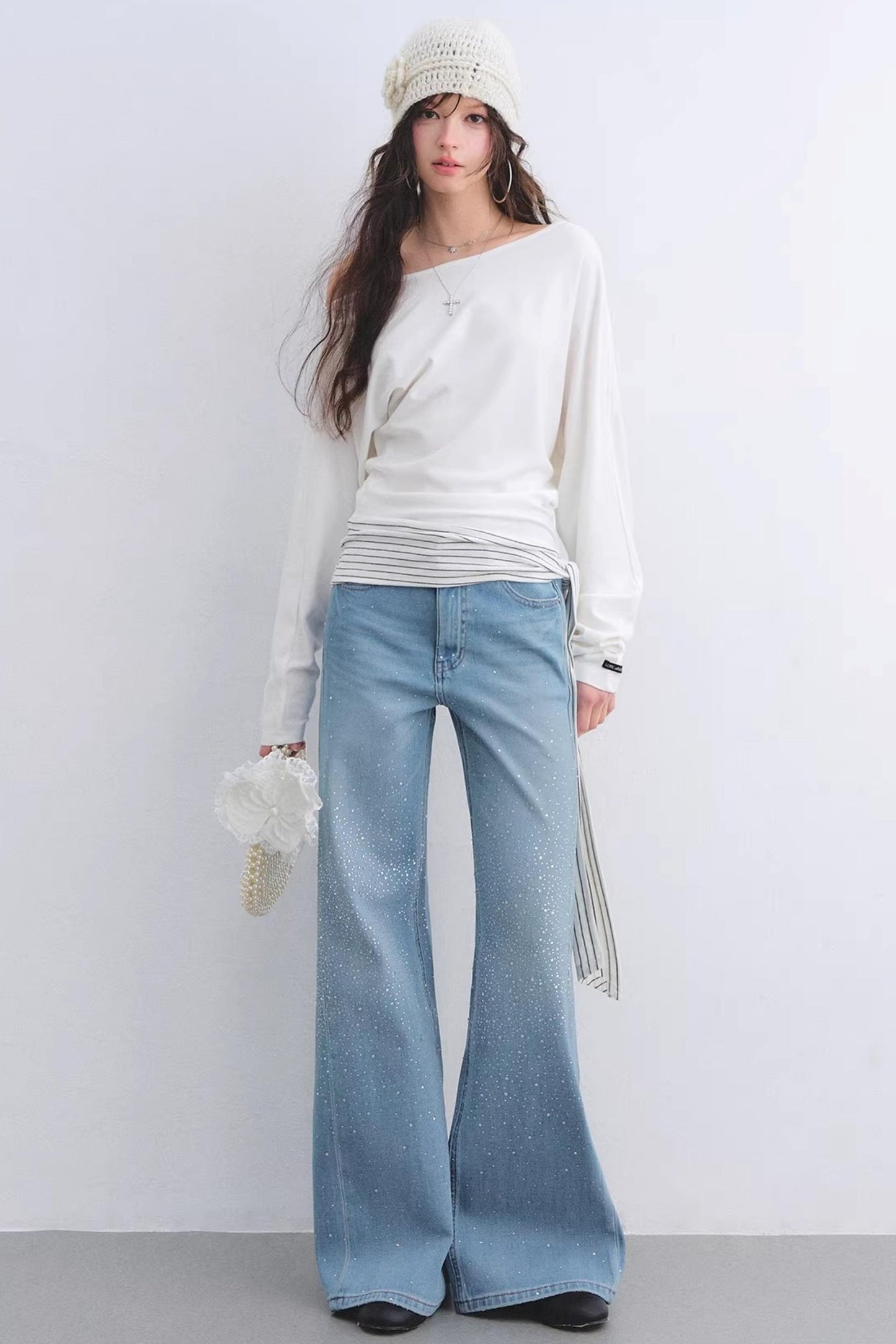 Washed Rhinestone Flared Pants