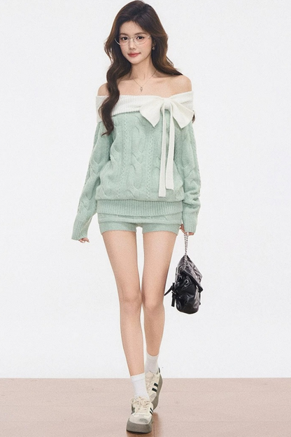 Lace-Up Off-Shoulder Knitted Sweater Set-Up