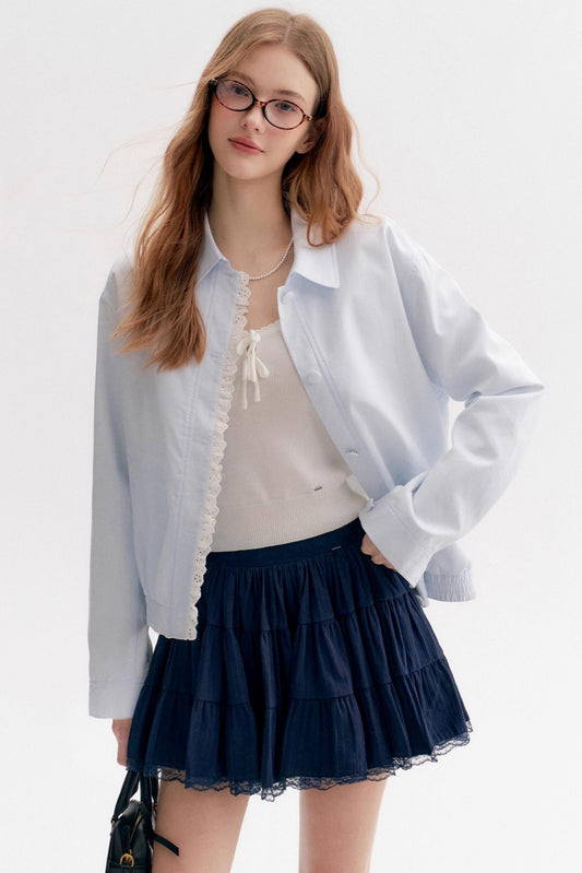 Cloud Stroll Cotton Lace Hem Lapel Jacket