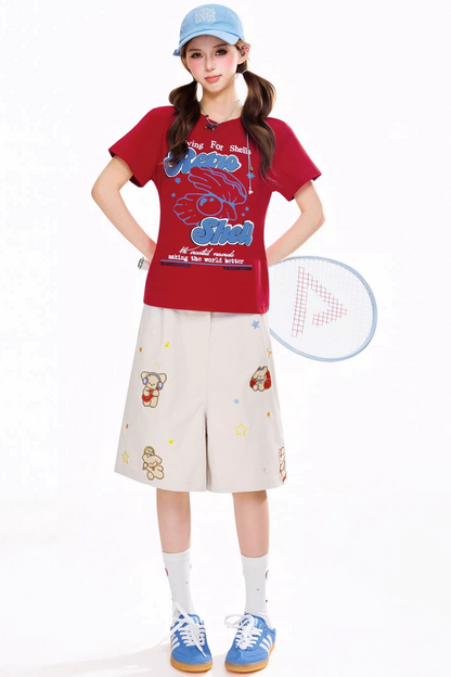 베이지 자수 크롭 팬츠