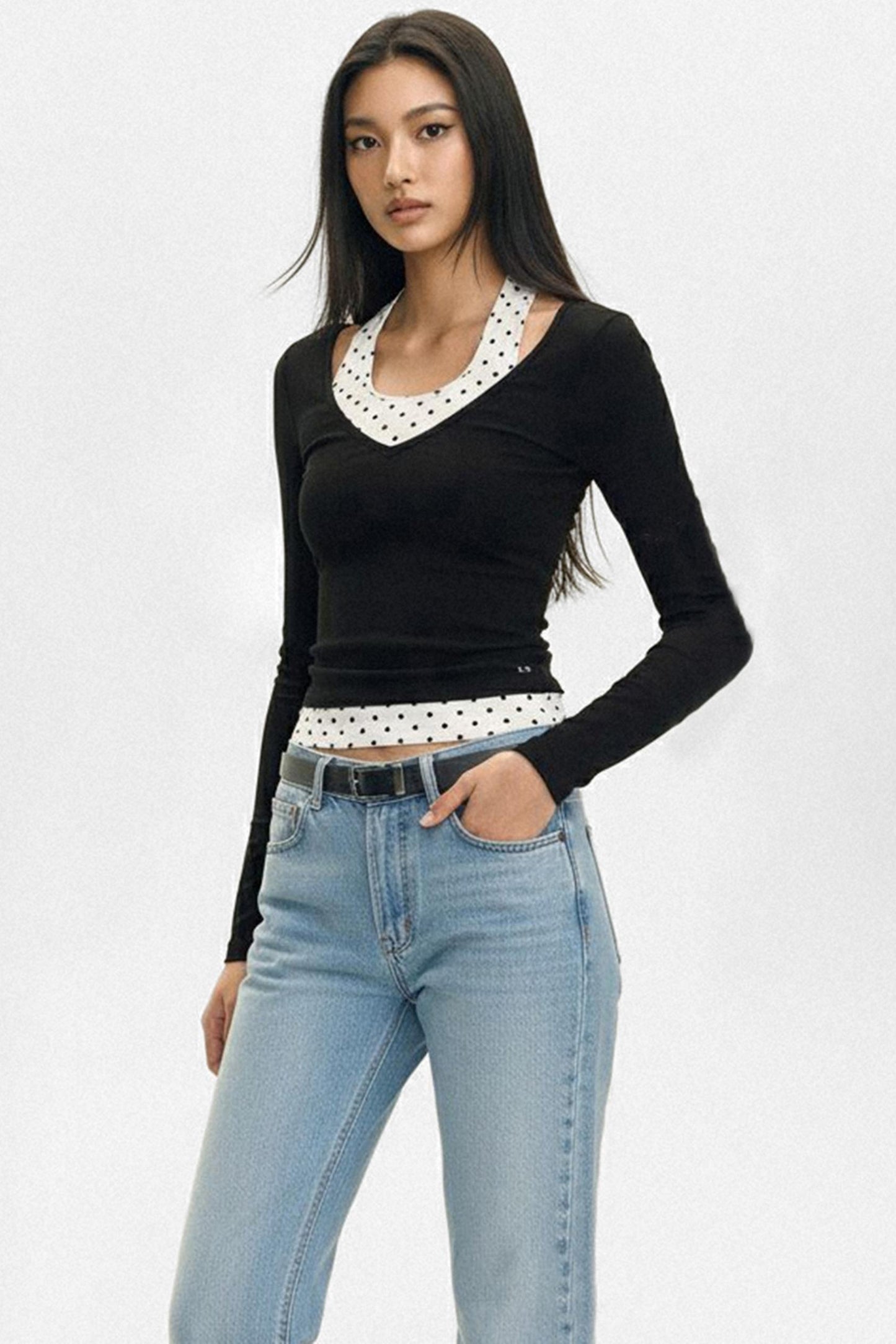 Polka Dot V-Neck Layered T-Shirt Set