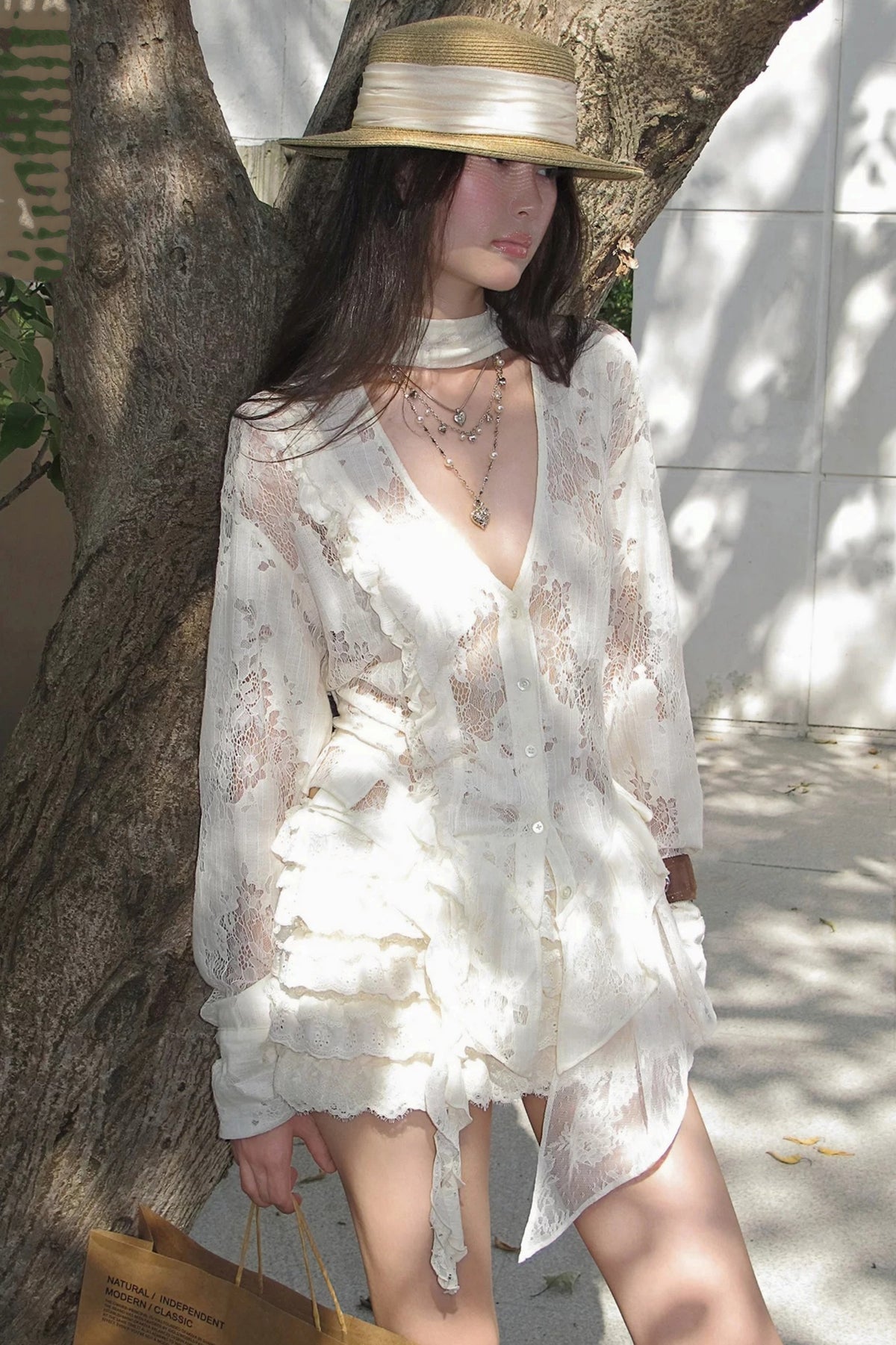 Creamy Lace Patchwork Adjustable Shirt and Stretch Shorts Set-Up