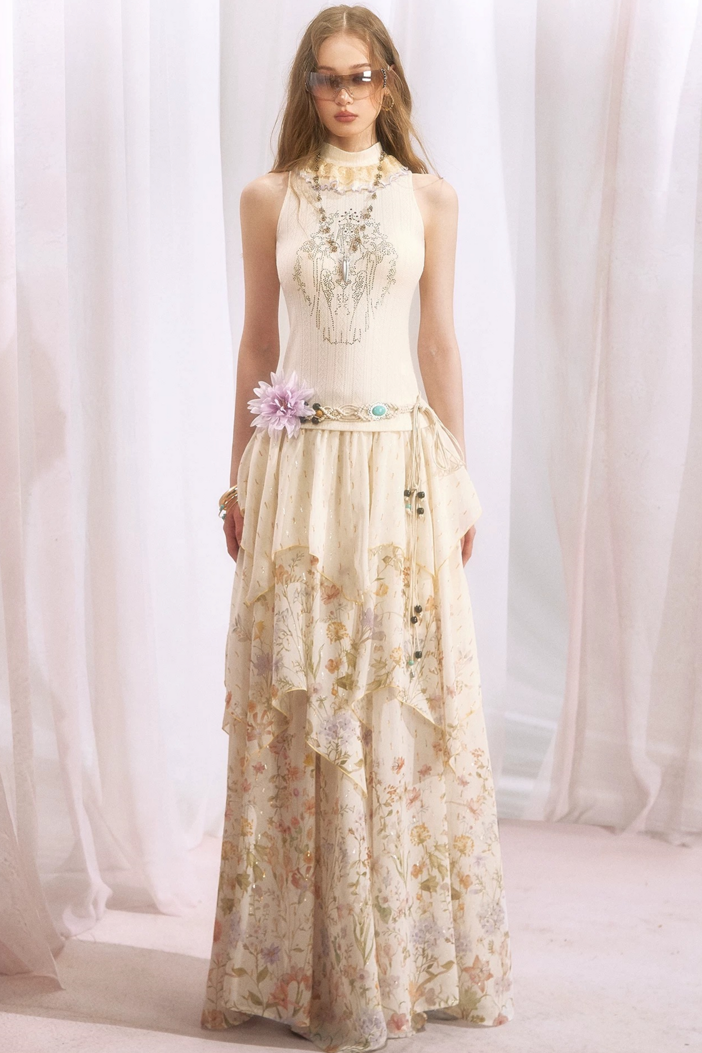 Floral Print Irregular Tiered Chiffon Skirt