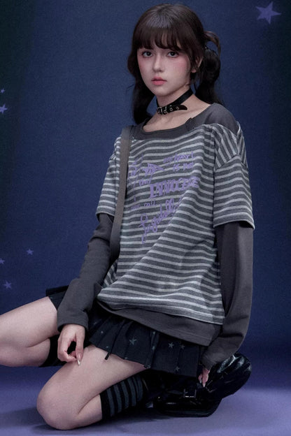 Dark Gray Striped Graffiti Print Top