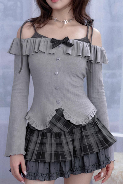 Gray One-Shoulder Long-Sleeved Slim Top