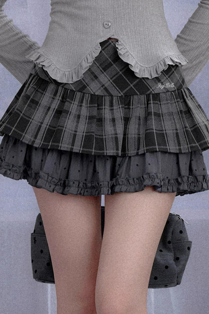 Girls Plaid Polka Dot Tiered Skirt