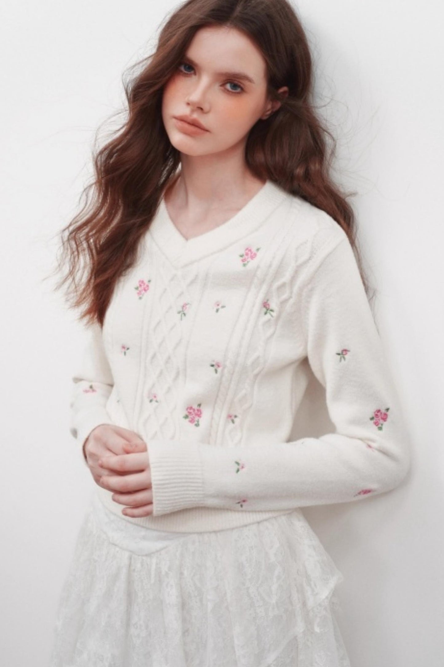 Embroidered V-Neck Knit Sweater