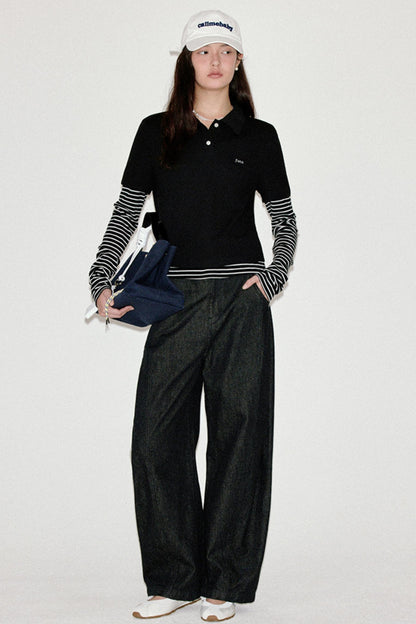 Retro Striped Polo Long-Sleeved Top