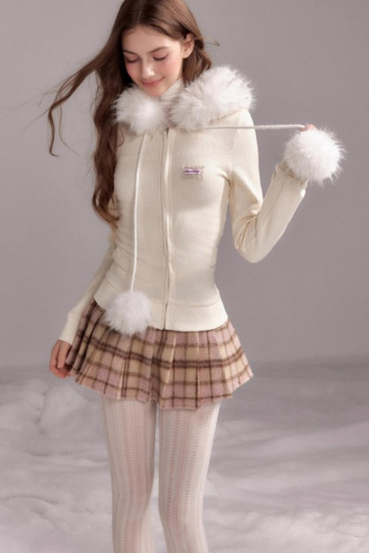 Knit Slim Detachable Fur Hooded Jacket