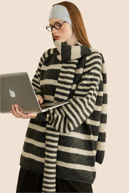 Thickened Striped Loose Knit Top Scarf Set