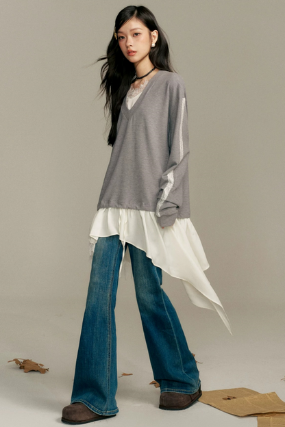 Asymmetric Hem V-Neck Sweatshirt