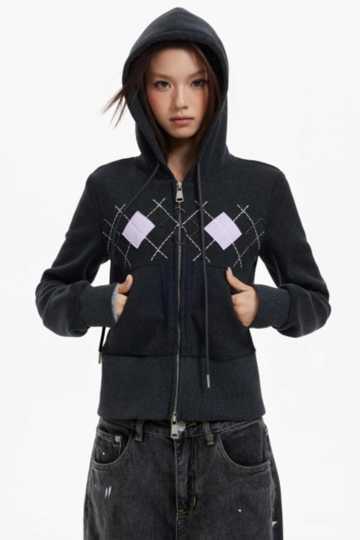 Diamond Plaid Hooded Waist Jacket