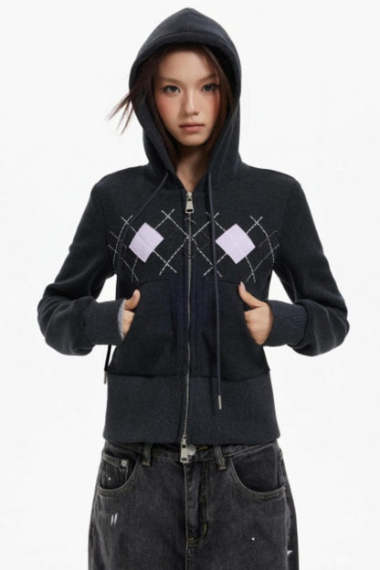 Diamond Plaid Hooded Waist Jacket