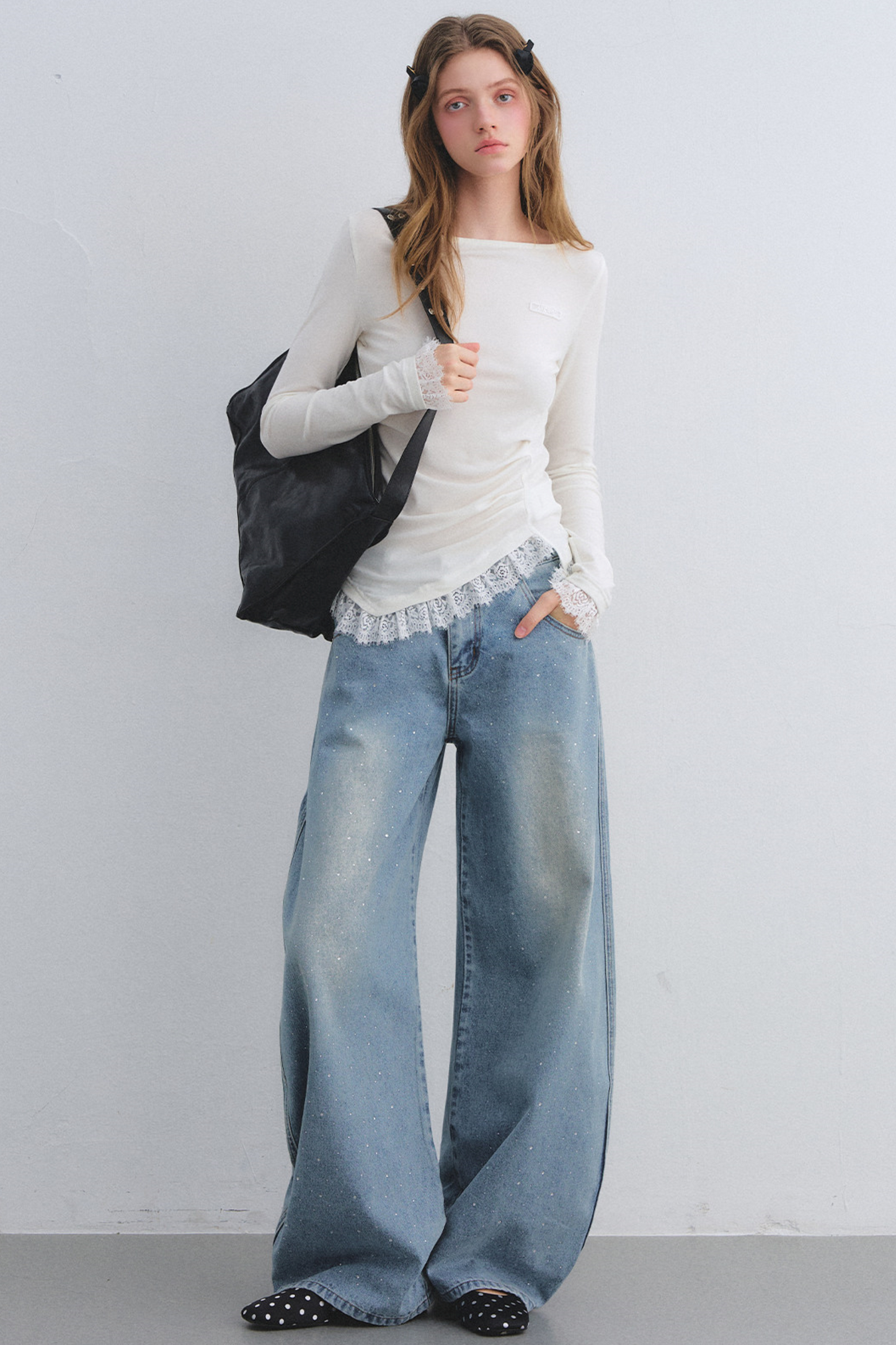 Rhinestone Washed Denim Pants