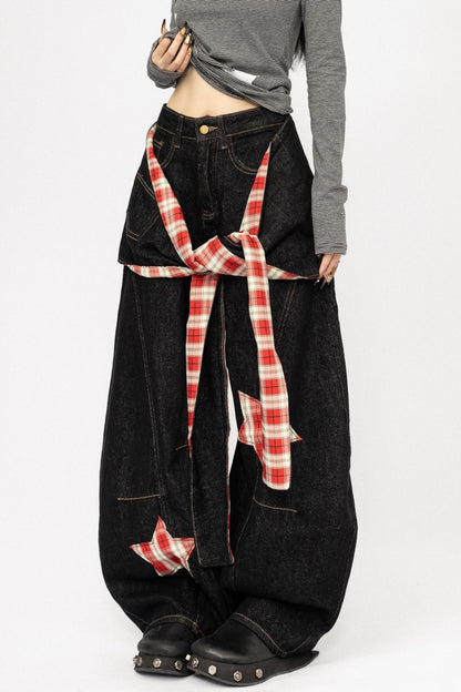 Vintage Spice Girl Plaid Stitched Wide-leg Pants