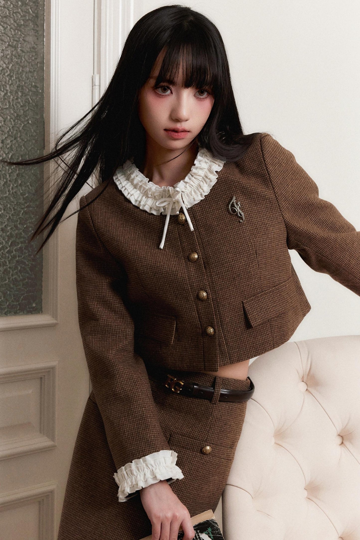 [10 31new] fragile shop French hot cocoa retro houndstooth small fragrance suit skirt autumn and winter