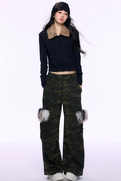 블랙 퍼 칼라 니트 탑