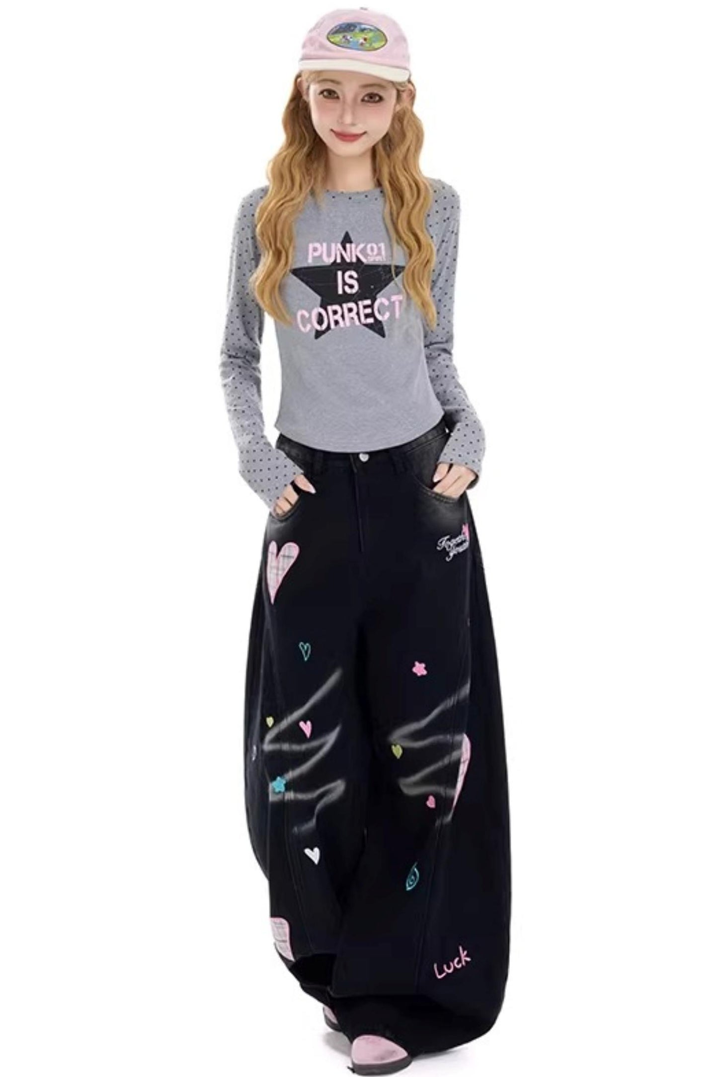 Retro Heart Print Denim Pants