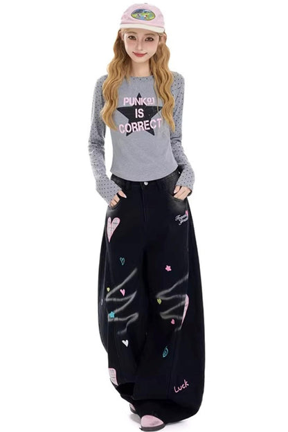 Retro Heart Print Denim Pants