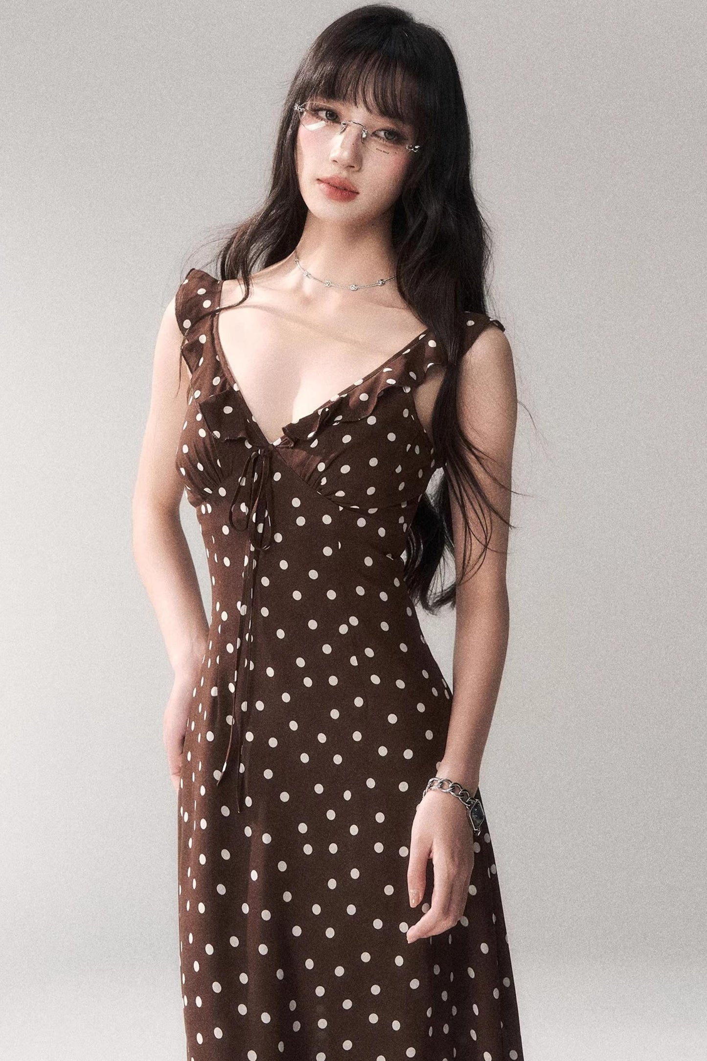 Brown Polka Dot Strap Dress
