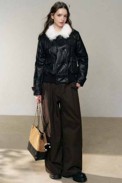 Thickened Double-Breasted Leather Coat