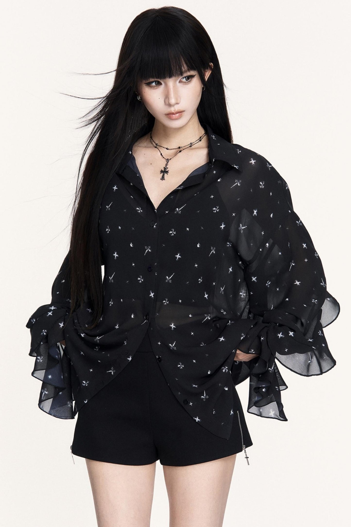 Romantic Chiffon Ruffled Long-Sleeved Top