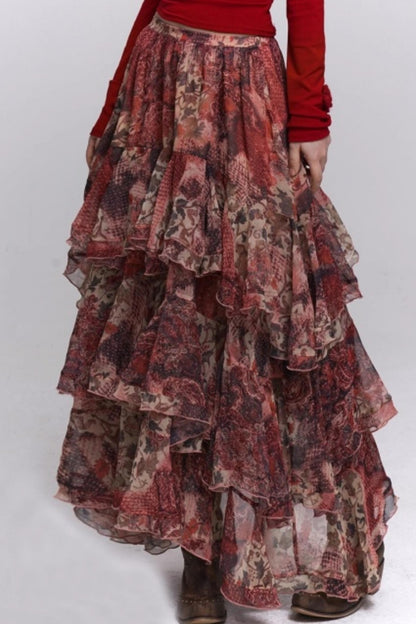 Red Floral Tiered Skirt