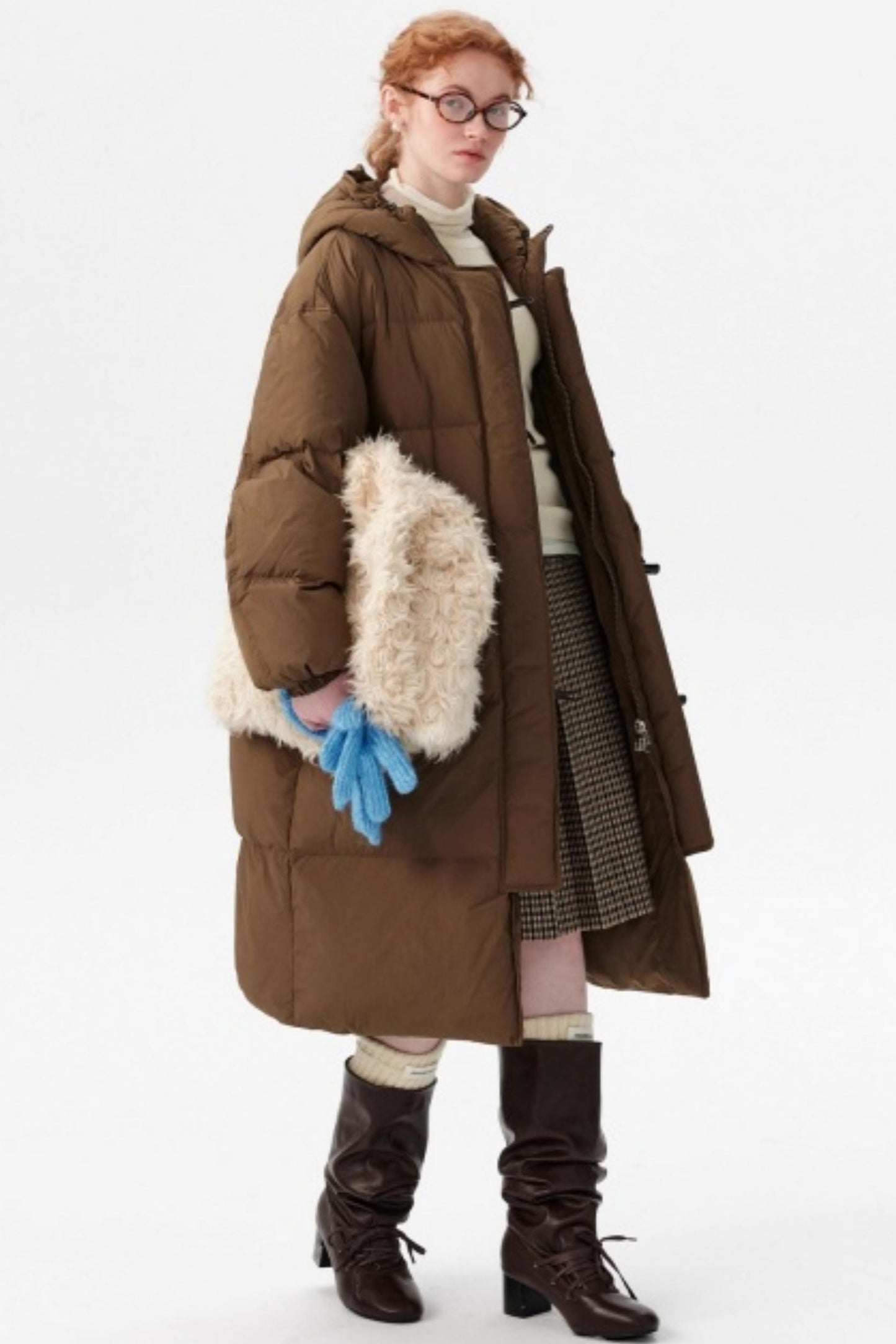 Hooded Horn Button Long Down Jacket