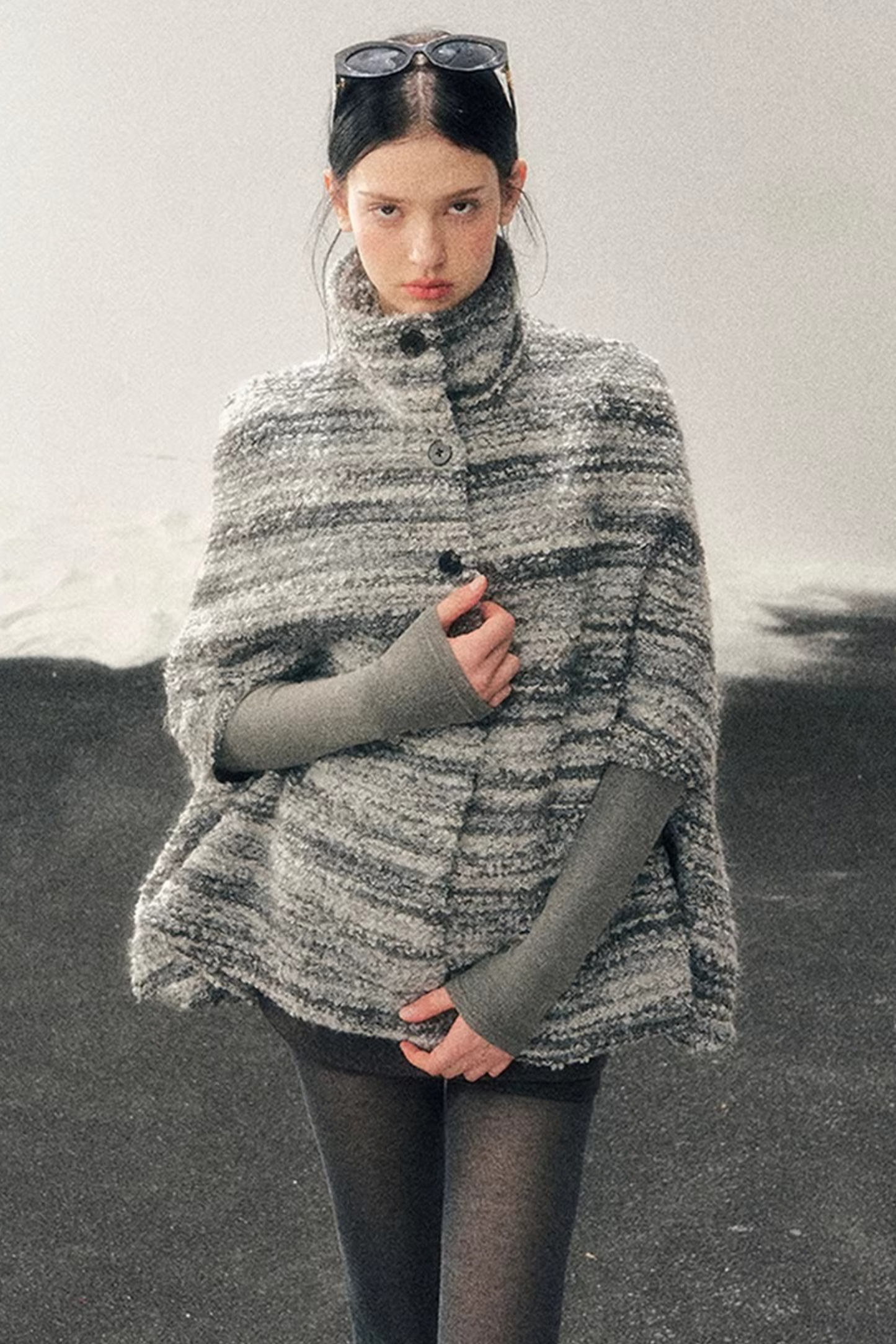 French Striped Wool Cape Coat