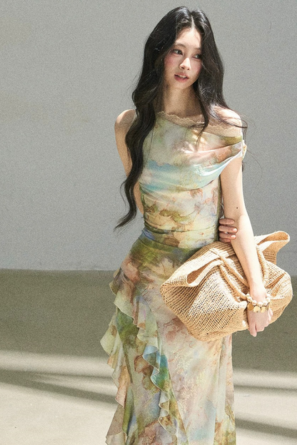 Französisches schulterfreies Kleid im Ölgemälde-Stil