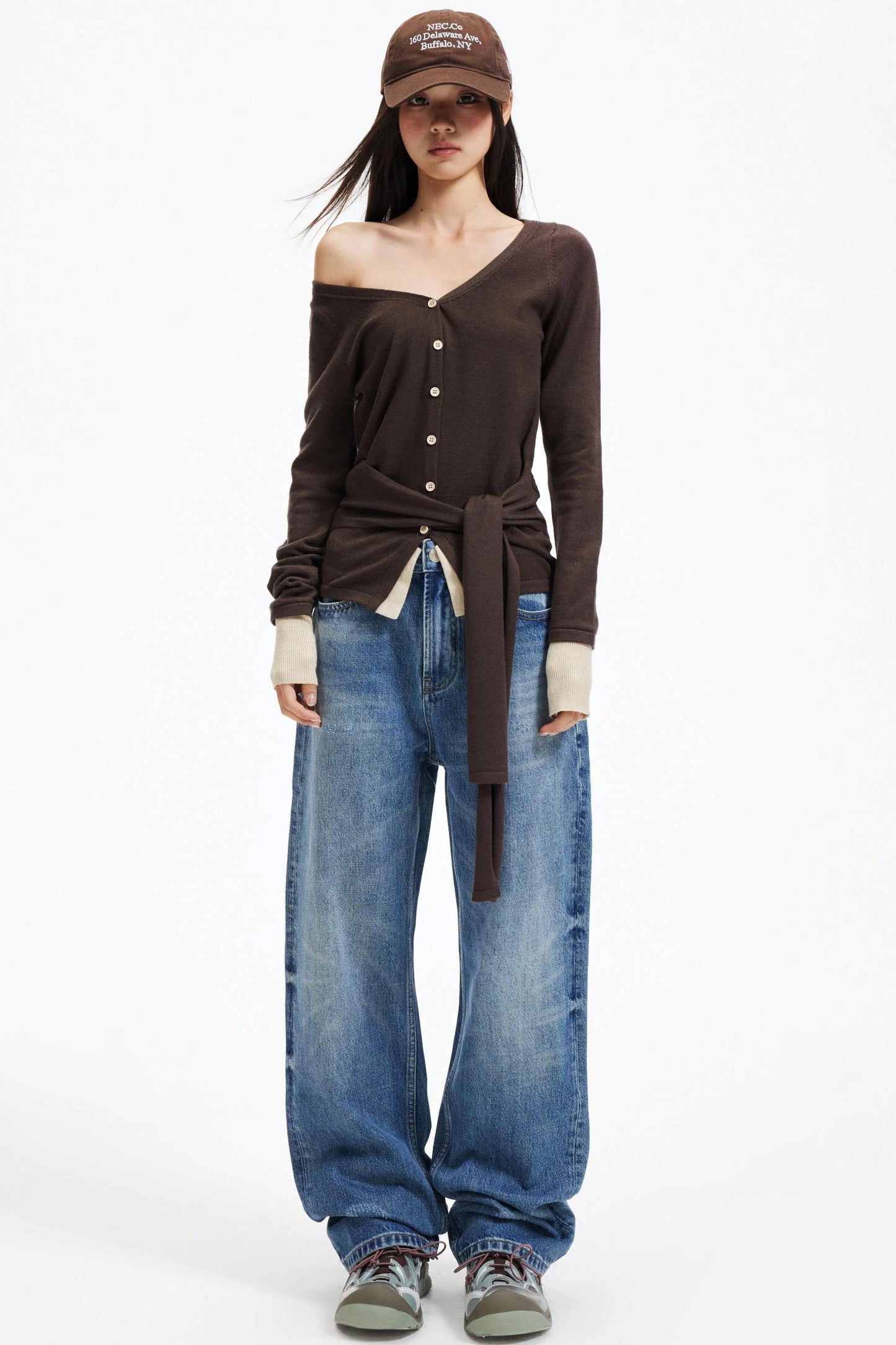 Color-Blocking Knit Off-Shoulder Sweater