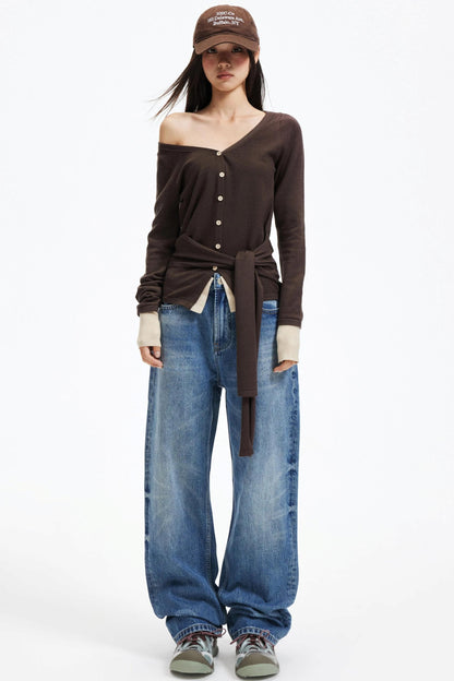 Color-Blocking Knit Off-Shoulder Sweater