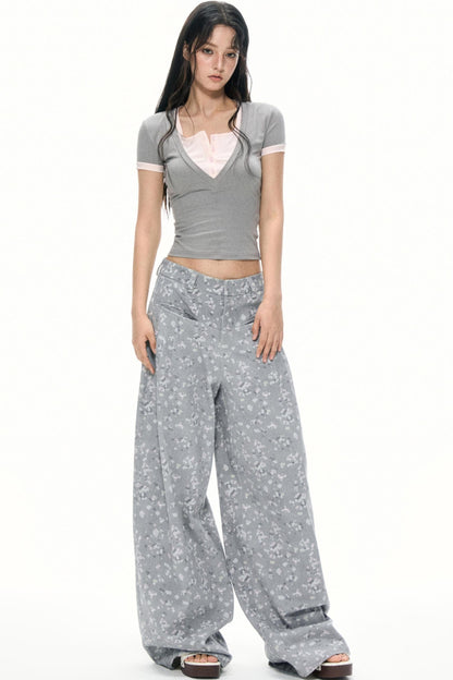 Gray Floral Wide-Leg Pants