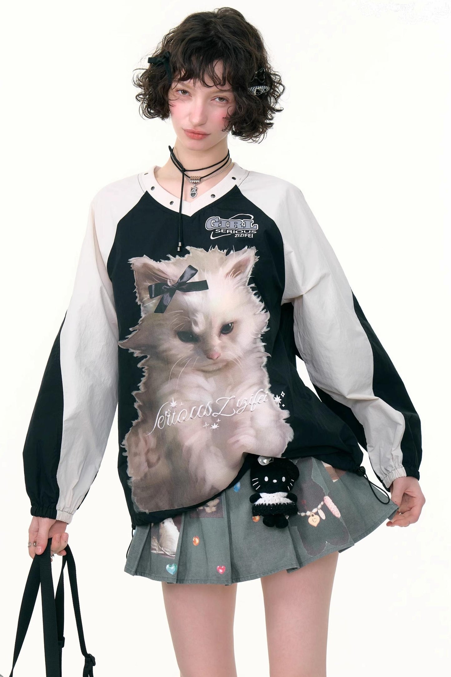 American Cat Print V-Neck Top