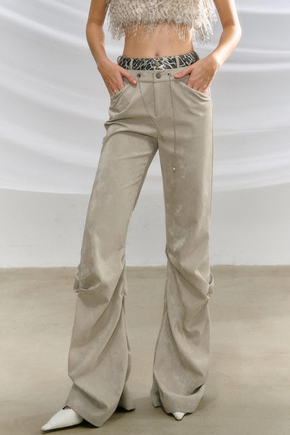 Glossy Leather Pleated Flared Pants