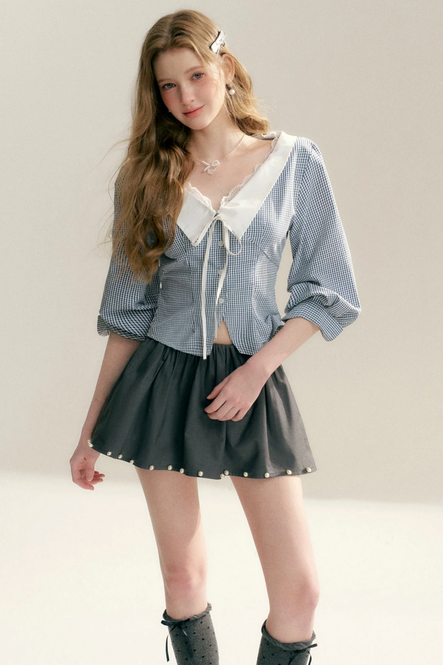 Lace Trim Plaid Blouse