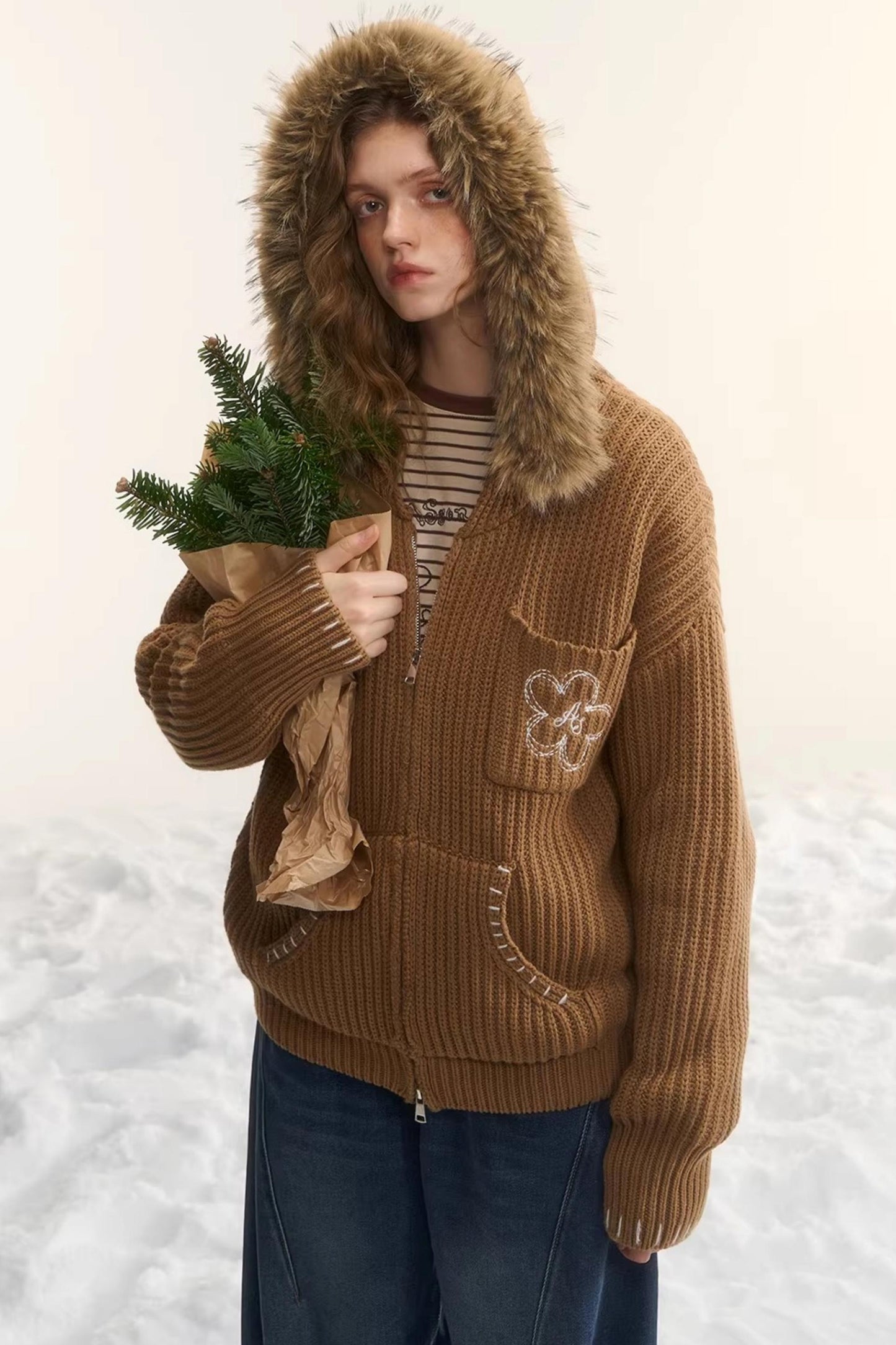 Detachable Fur Hooded Cardigan