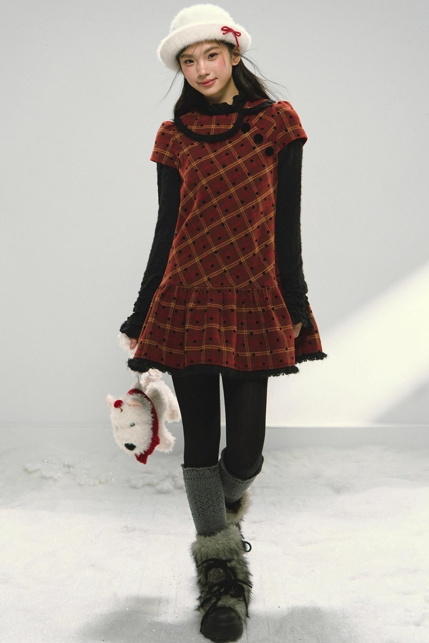 Christmas Doll Collar Tweed Dress Set-Up